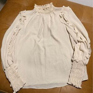 Max Studio Ivory Textured Blouse with Ruffled Detailing and Mock Neck